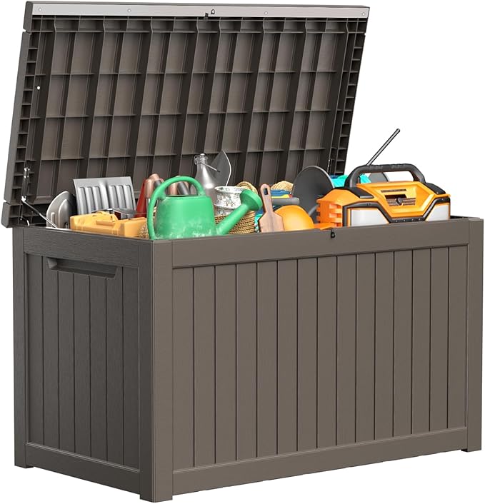 280 Gallon Resin Deck Box, Lockable Patio Outdoor Storage Box for Furniture, Garden Tools and Tools Storage, Waterproof Outside Storage Boxes - Grey