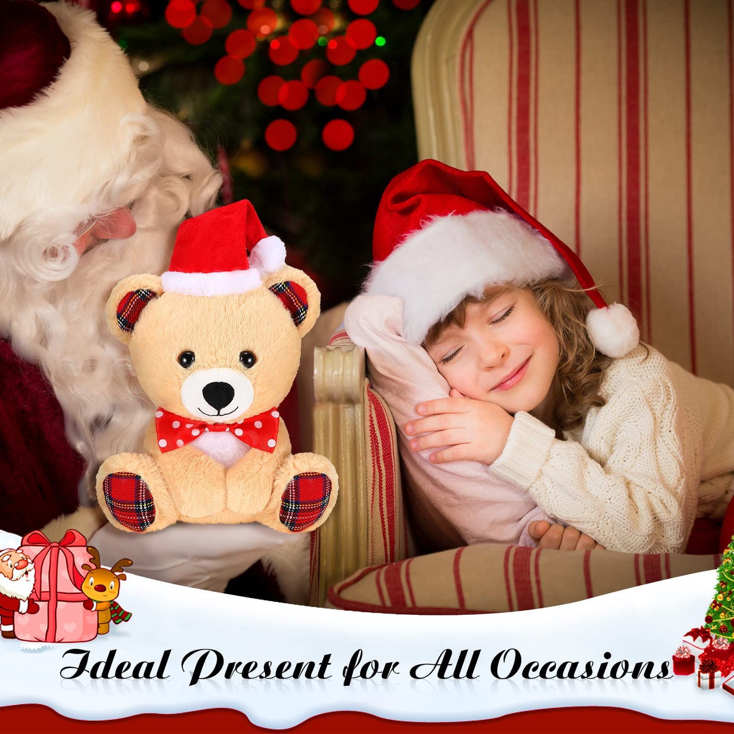 Threan 8 Inch Christmas Stuffed Animal Christmas Plush Doll with Santa Hat for Holiday Decoration Winter Gifts(Little Bear Style)