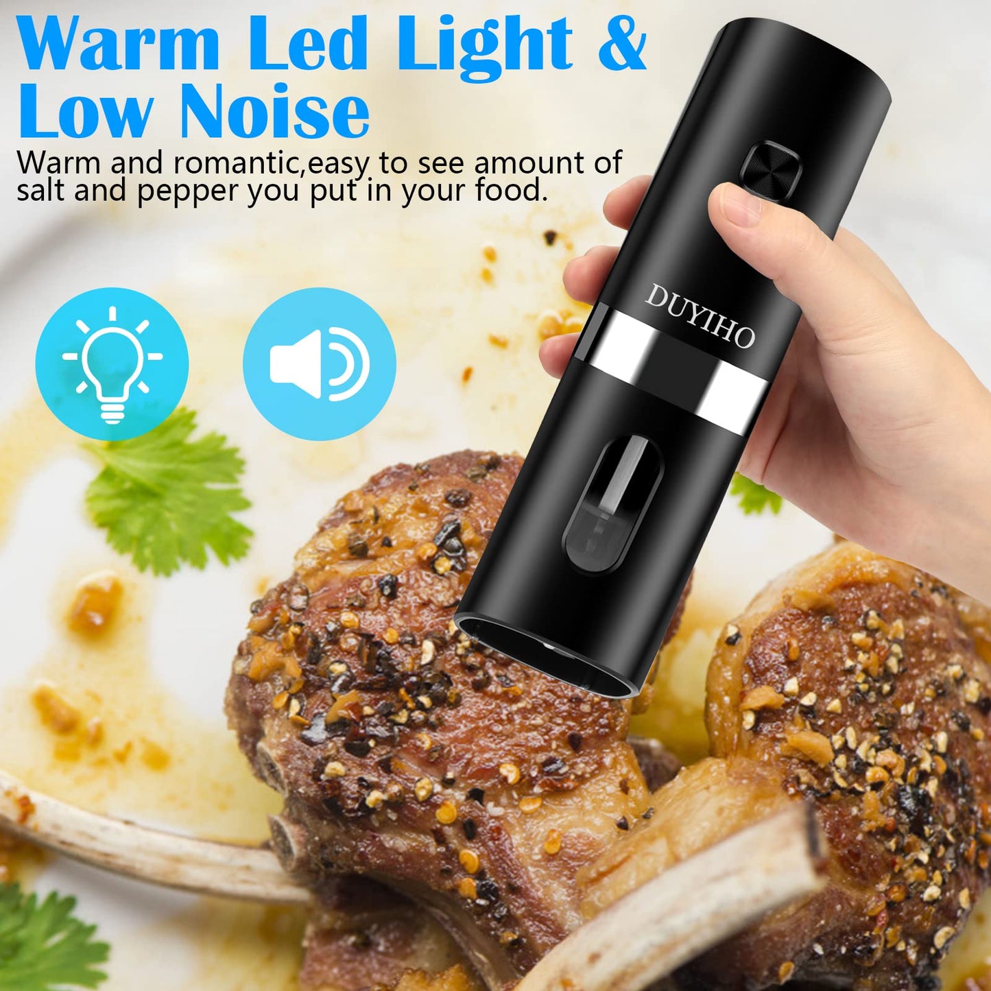 Rechargeable Electric Salt and Pepper Grinder Set with Double Charging Base, Support Battery Operated, Refillable Spice Automatic Mill Shakers Set with Adjustable Coarseness and LED Light