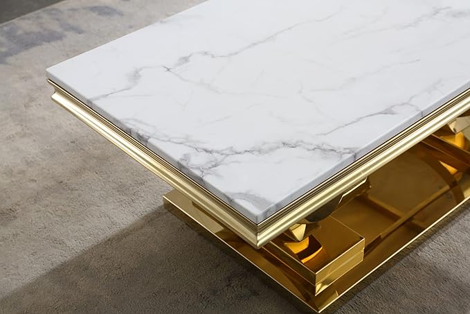 Henf 47" Marble Coffee Table Modern White Faux Marble Center Table