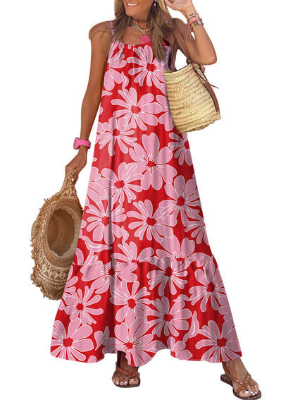 Dokotoo Women Summer Dresses 2025 Spaghetti Strap Scoop Neck Smocked Ruffle Flowy Boho Maxi Dress