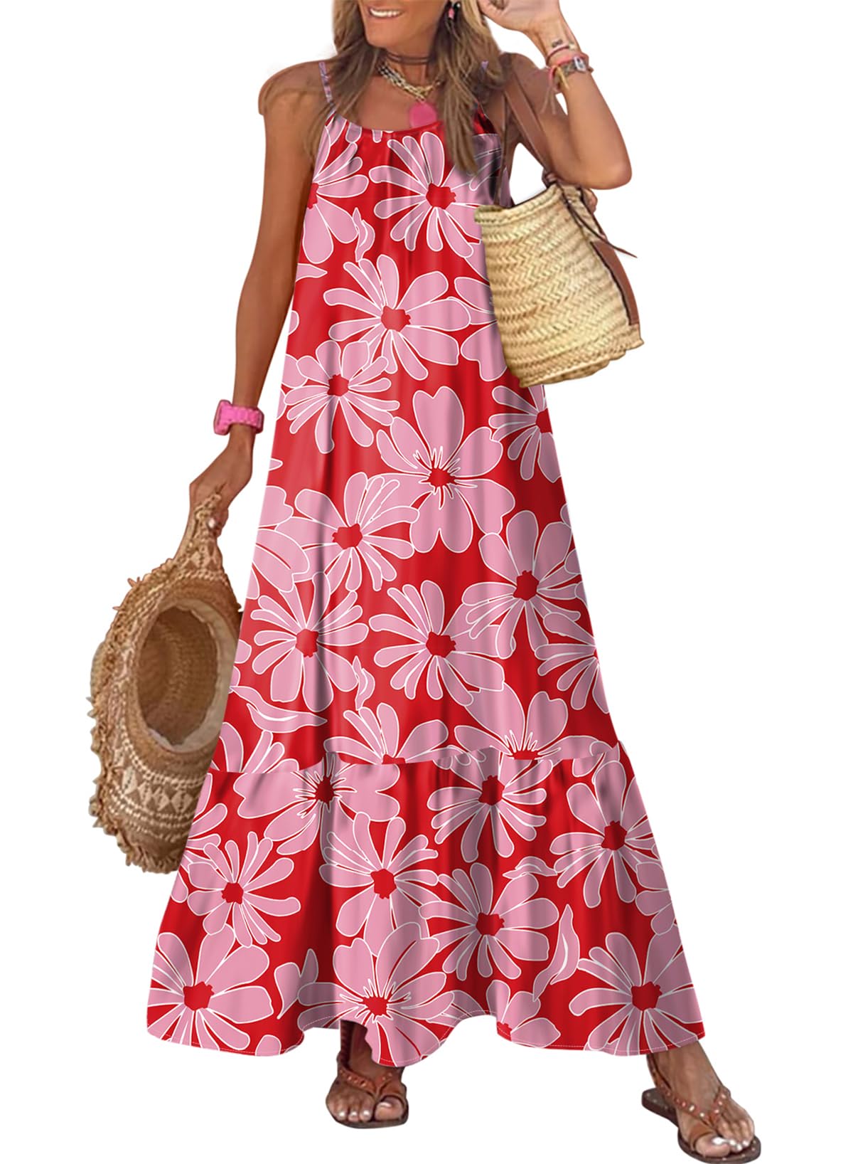 Dokotoo Women Summer Dresses 2025 Spaghetti Strap Scoop Neck Smocked Ruffle Flowy Boho Maxi Dress