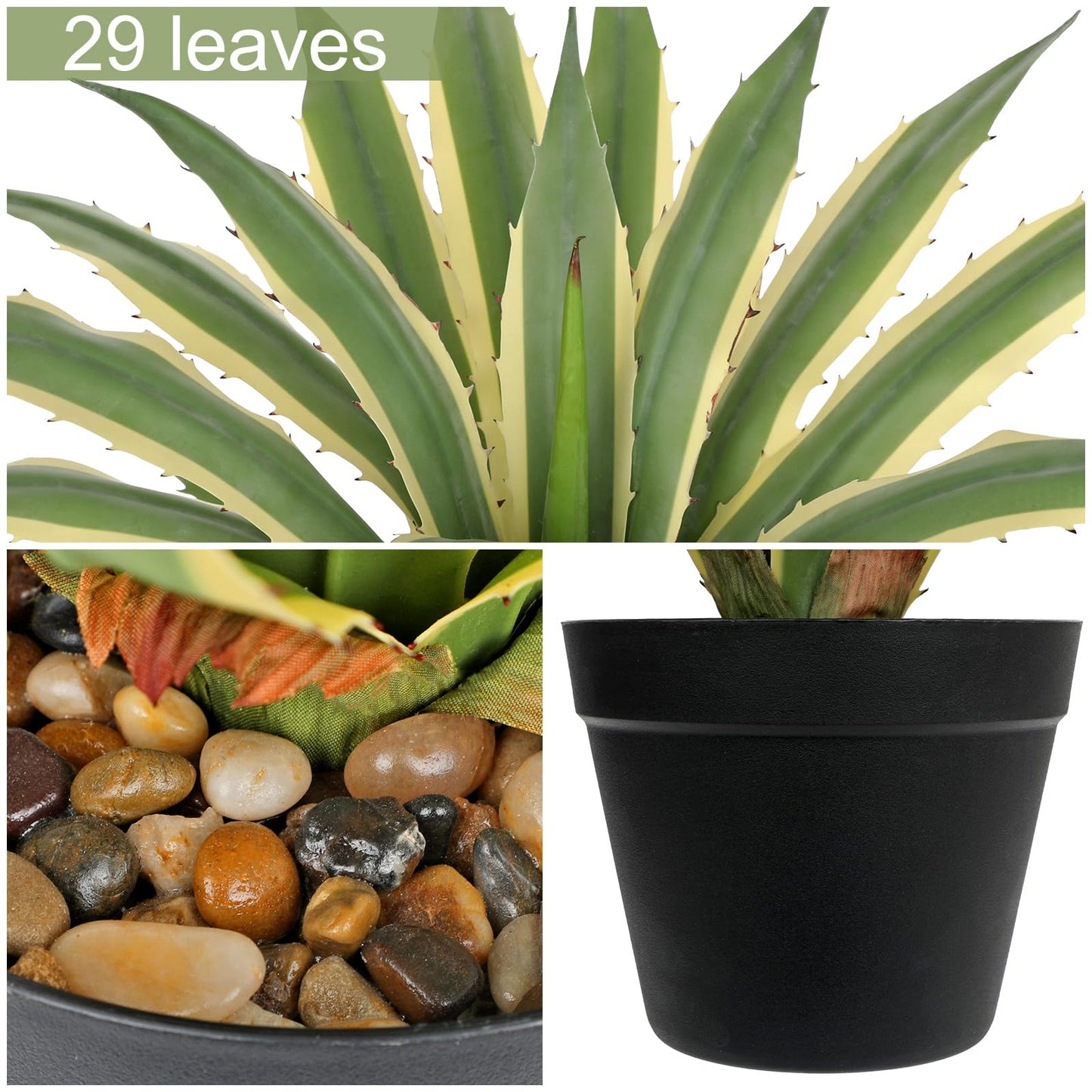 Hollyone Large Artificial Agave Plants 21.6" Tall Fake Agave Plant in Black Pot with Real Stone Pebbles Faux Succulent Aloe Tropical Plants Potted for Indoor Outdoor Home Patio Garden Decor