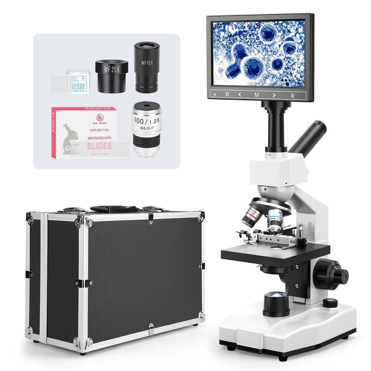[Blood Version] Vabiooth Dual-View Compound Monocular Microscope 40X-2500X Magnification with 7" LCD Screen 5MP E-Eyepiece, Adjustable Mechanical Stage, Aluminum Carry Box for observing Live Blood
