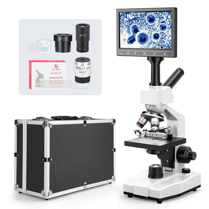 [Blood Version] Vabiooth Dual-View Compound Monocular Microscope 40X-2500X Magnification with 7" LCD Screen 5MP E-Eyepiece, Adjustable Mechanical Stage, Aluminum Carry Box for observing Live Blood