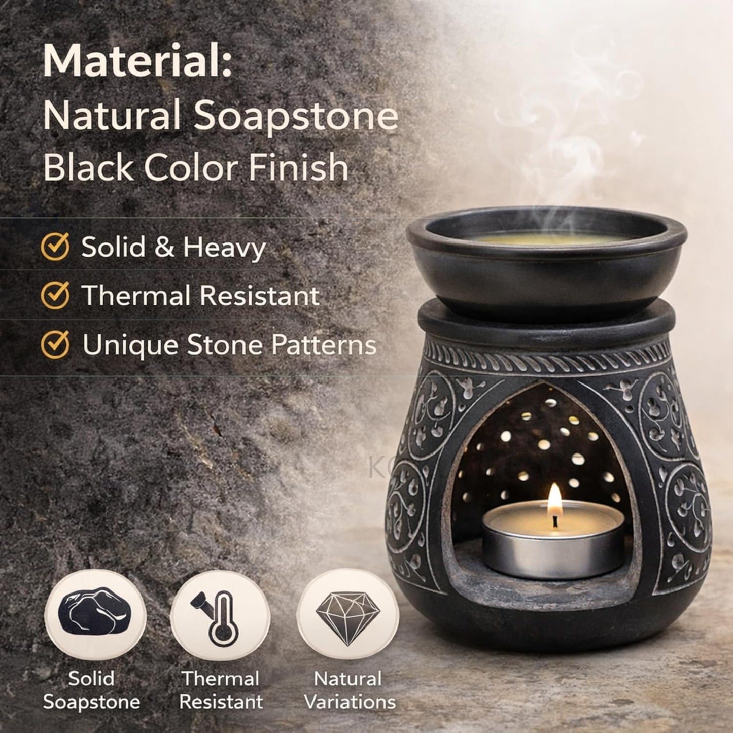 KC KULLICRAFT Handmade Black Soapstone Aroma Oil Burner