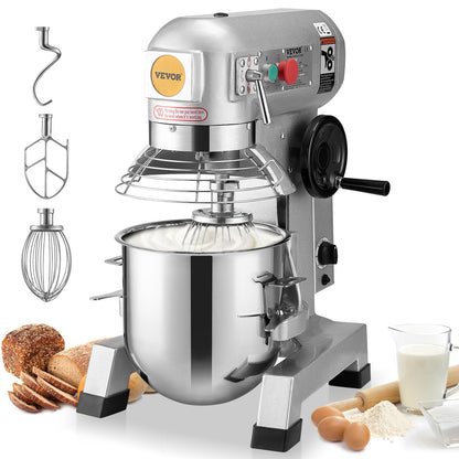 VEVOR Commercial Mixer, Commercial Food Mixer 10Qt Stainless Steel Bowl, 450W Commercial Stand Mixer with 3 Speeds Adjustable, Dough Hook Whisk Beater Included, Perfect for Bakery Pizzeria, Silver