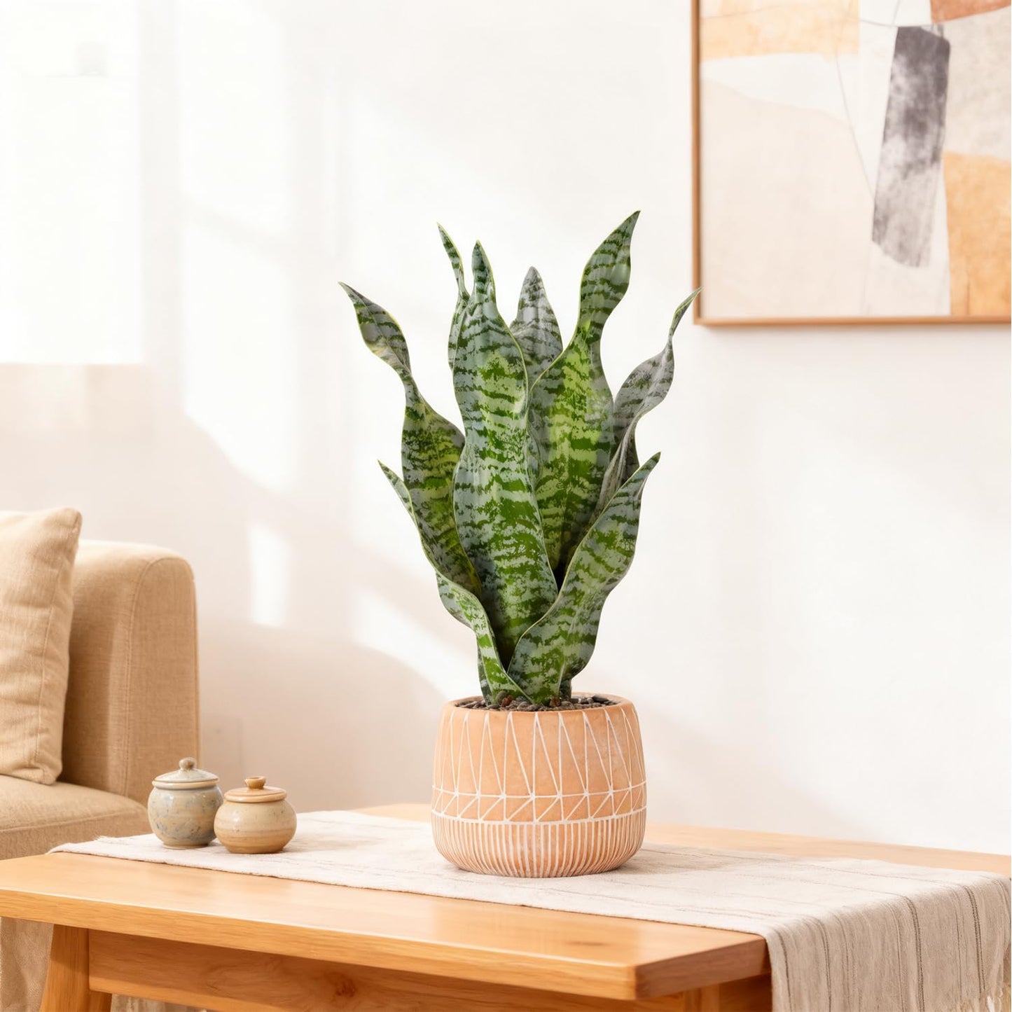 DUZYXI Artificial Realistic Snake Plant 17" with Concrete Pot Fake Snake Plants Sansevieria Greenery Faux Snake Plant for Home Office Living Room Housewarming Gifts Indoor Decor