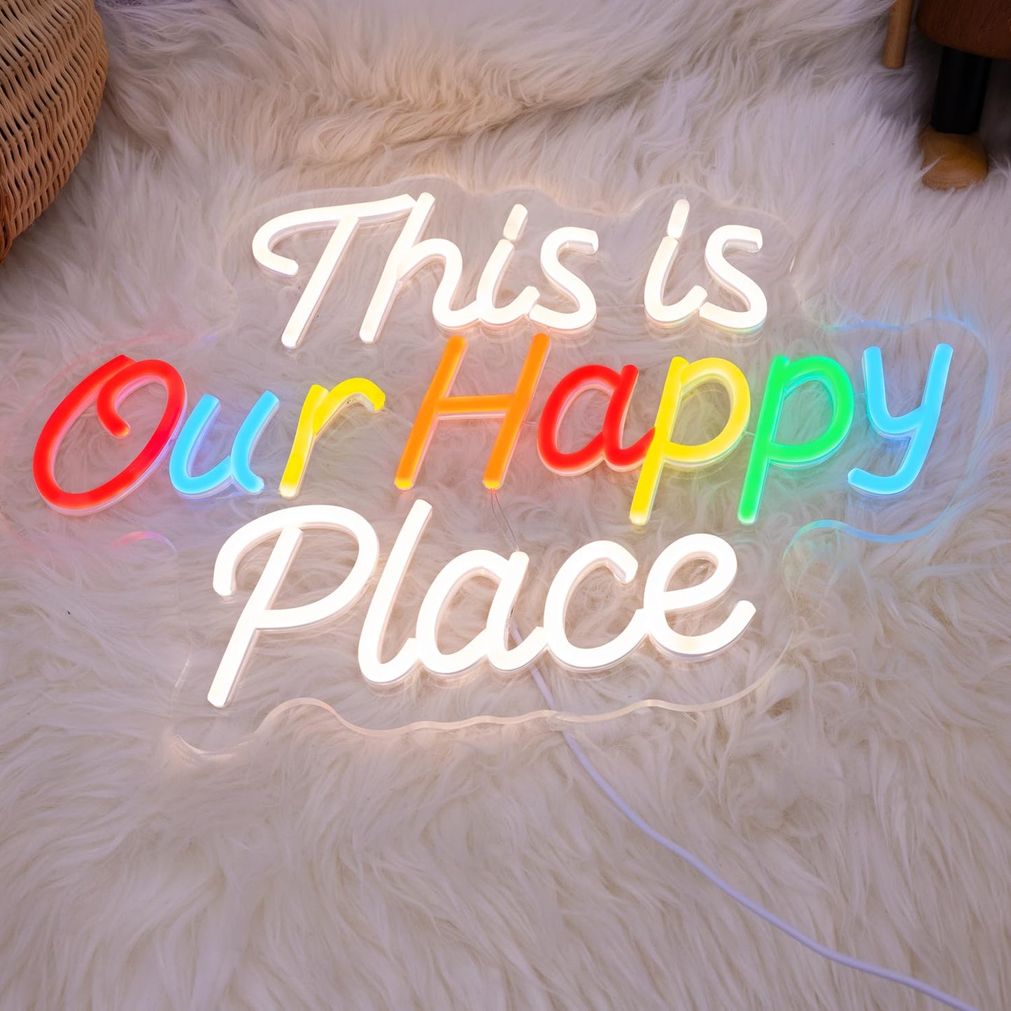 This is Our Happy Place Neon Sign, Letter Neon Signs for Wall Decor Dimmable Light up Sign, Classroom Wedding Kids Room Store Home Neon Decor 16.54 x 11.81 inch