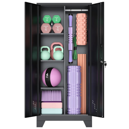 VASAAOSD 61IN Home Gym Storage Cabinet for Kettlebells, Yoga Mat and Balls, Workout Equipment Storage Organizer with Lock Doors, Dumbbell Rack Cabinet, Weight Rack for Dumbbells