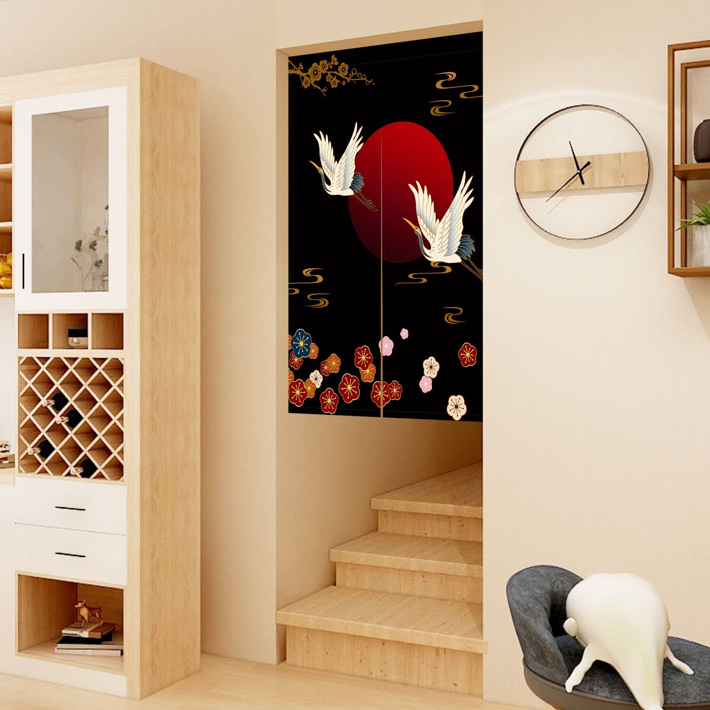 LIGICKY Noren Doorway Curtain Japanese Style White Cranes Red Sun Gold Colourful Cherryblossom Printed Cotton Linen Window Treatment Door Tapestry for Home Decoration 33.5" Width x 47.2" Long