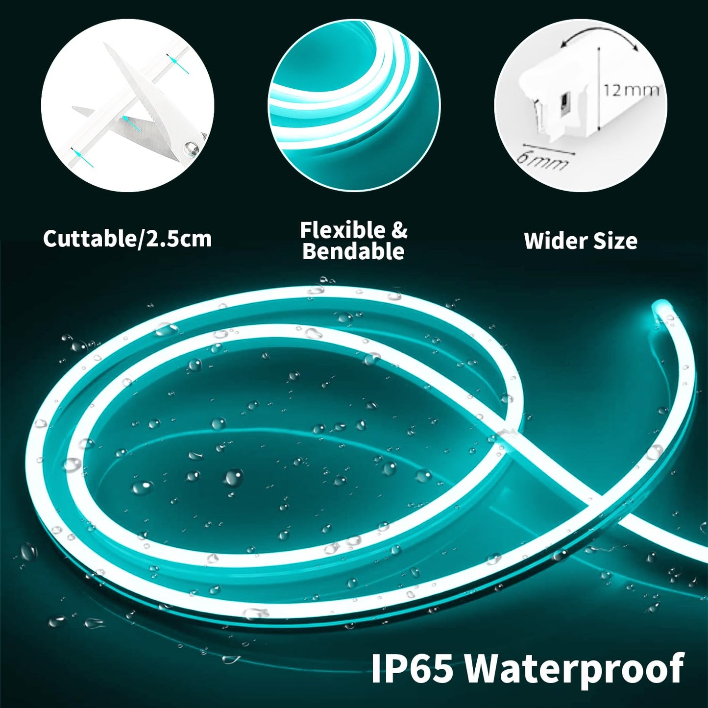 iNextStation 12V Ice Blue LED Strip Lights 16.4FT, Flexible Silicone Neon Rope Light with Power Adapter, Waterproof, Cuttable, Dimmable & Linkable, LED Lights Strip for Bedroom, Kitchen(with Plug)