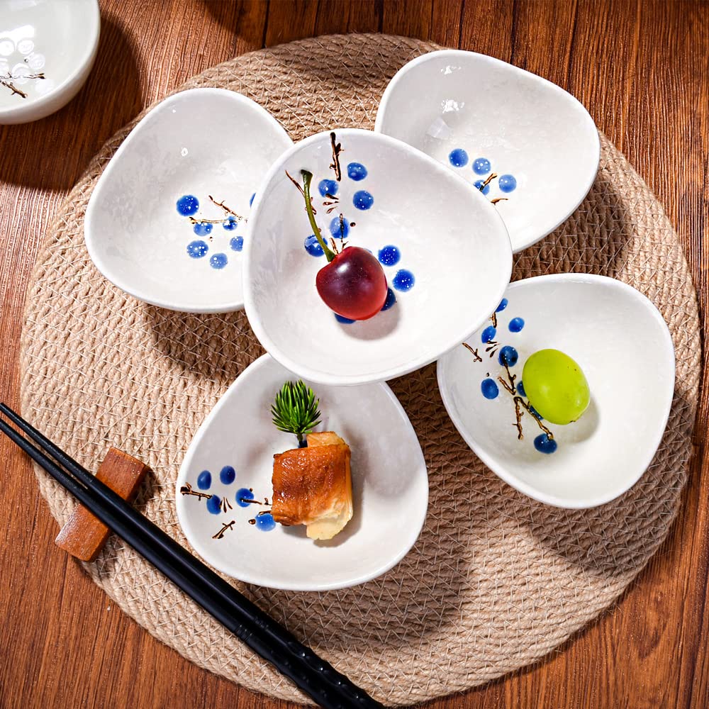 Whitenesser Ceramic Dipping Bowls Set of 5, 3.7 oz Japanese Style Mini Sauce Dishes, Hand-Painted Floral Patterned Prep Bowls for Soy Sauce, Sushi, Condiments, and Spices, Stackable Round Ramekins