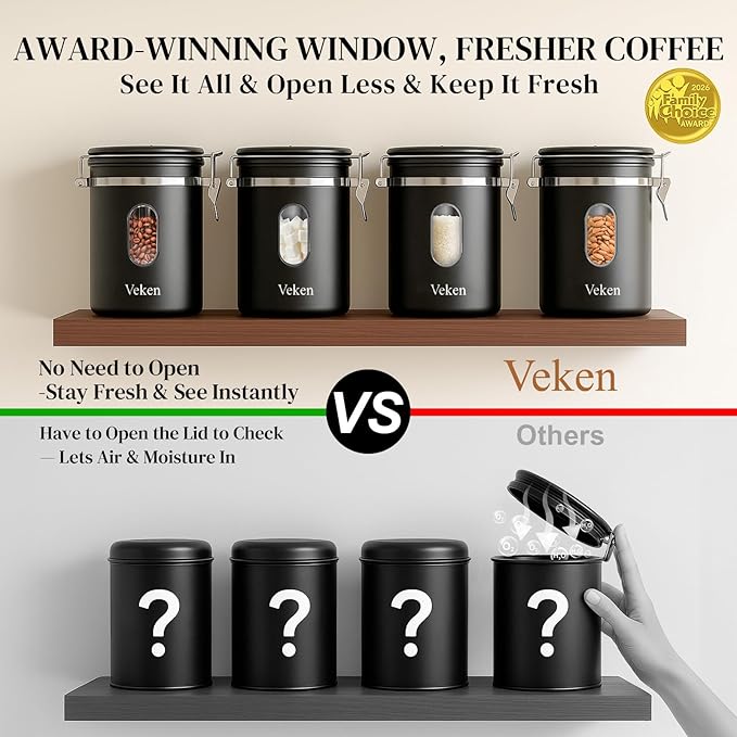 Veken Coffee Canister with Window, Airtight Stainless Steel Kitchen Food