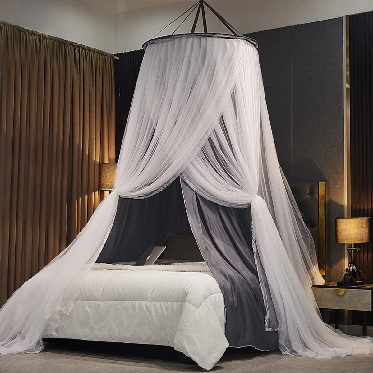 Kertnic Luxurious Bed Canopy for Girls & Adults - Double Layer Princess Canopy with Lace, Round Dome Mosquito Netting for Queen/King Bed Tent (New Gray)