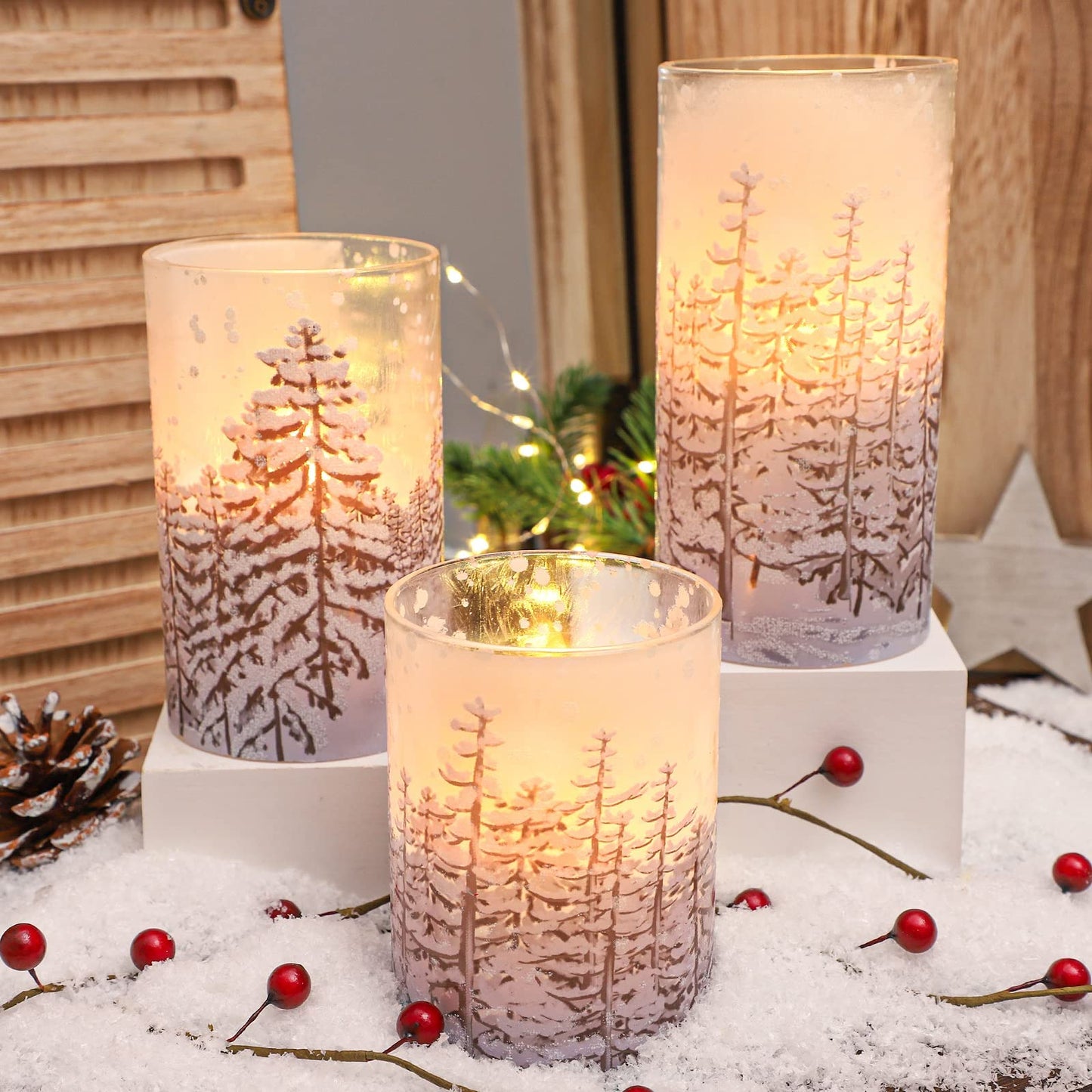 REVELBUNNY Christmas Tree Flameless Candles, Flickering Battery Operated LED Candles with Remote Timer, Snowflake Iced Glass Pillar Candles for Holiday Party Home Decoration Christmas Gifts, Set of 3