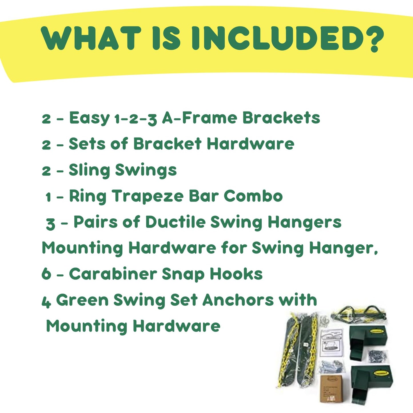 Eastern Jungle Gym DIY Swing Set Hardware Kit with Easy 1-2-3 A-Frame Brackets, Swing Seats, Ring Trapeze Bar and All Assembly Hardware and Instructions - Wood Not Included
