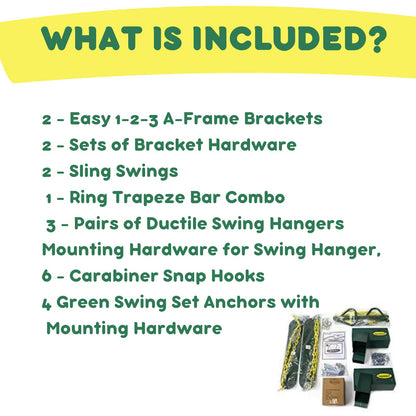 Eastern Jungle Gym DIY Swing Set Hardware Kit with Easy 1-2-3 A-Frame Brackets, Swing Seats, Ring Trapeze Bar and All Assembly Hardware and Instructions - Wood Not Included