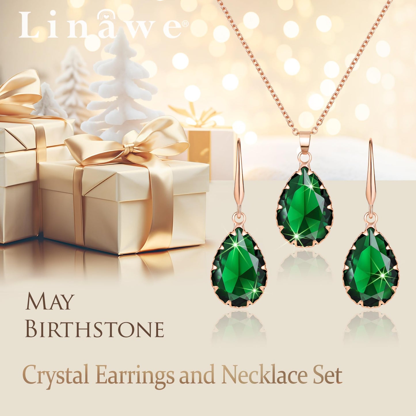 Linawe Emerald Green Crystal Rose Gold Jewelry Sets for Women, Pendant Matching Necklace Set, Imitation Diamond Drop Dangle Teardrop Earrings Set, Rhinestone Jewelry Wedding Bridal Bridesmaid