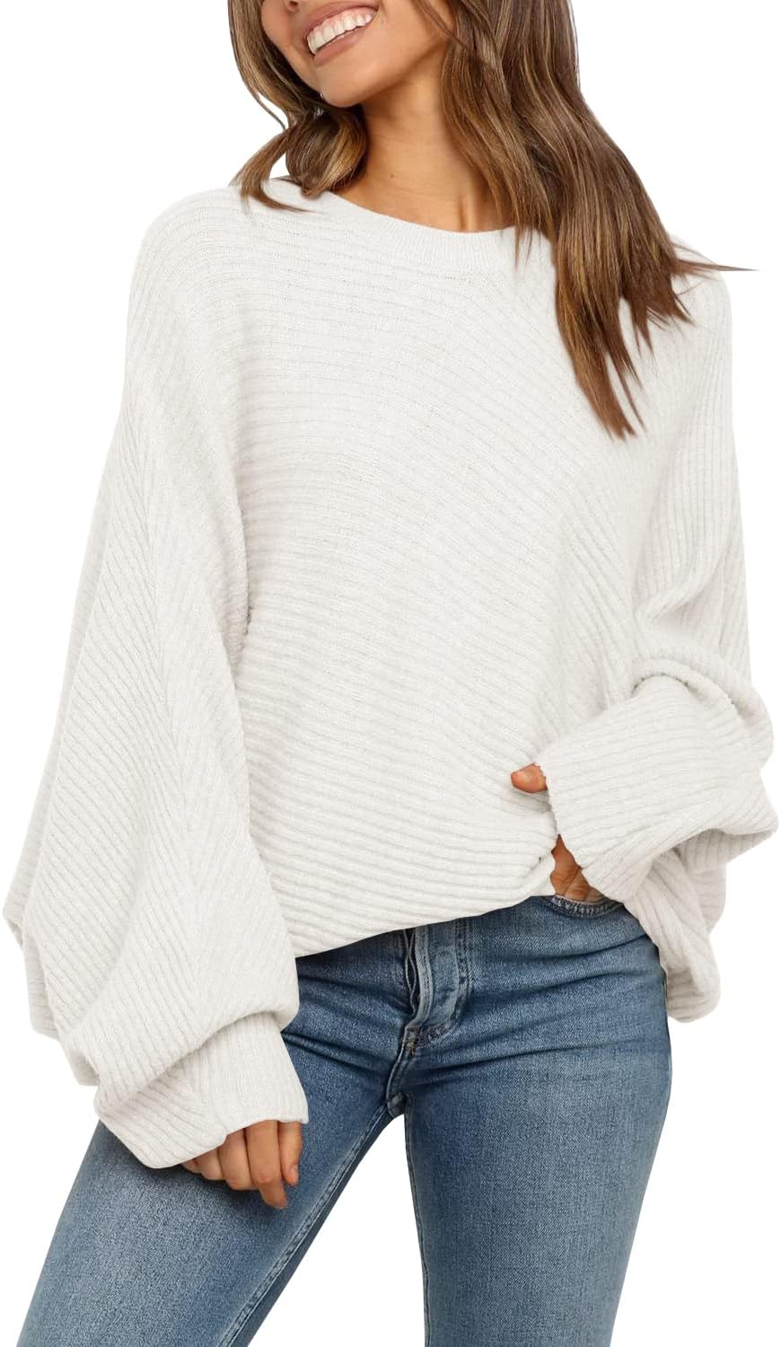 Mafulus Women's Oversized Crewneck Sweater Batwing Puff Long Sleeve Cable Slouchy Pullover Jumper Tops