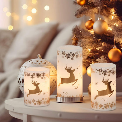 Wondise Flameless Flickering Candles with 6H Timer, Gold Deer Christmas Battery Operated Candles 3 Pack Real Wax Warm Light LED Pillar Candles for Christmas Dinner Tabletop Holiday Decor 3" x 6"