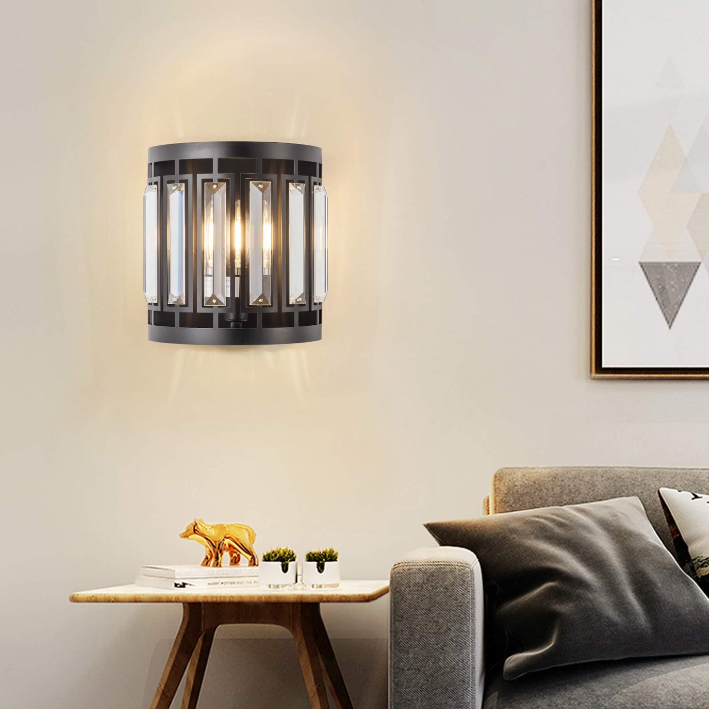 Larootsi Modern Crystal Wall Sconce 1xE26 Black Vanity Wall Lamp K9 Crystal Wall Light Fixture for Hallway Doorway Bedroom Living Room Lighting