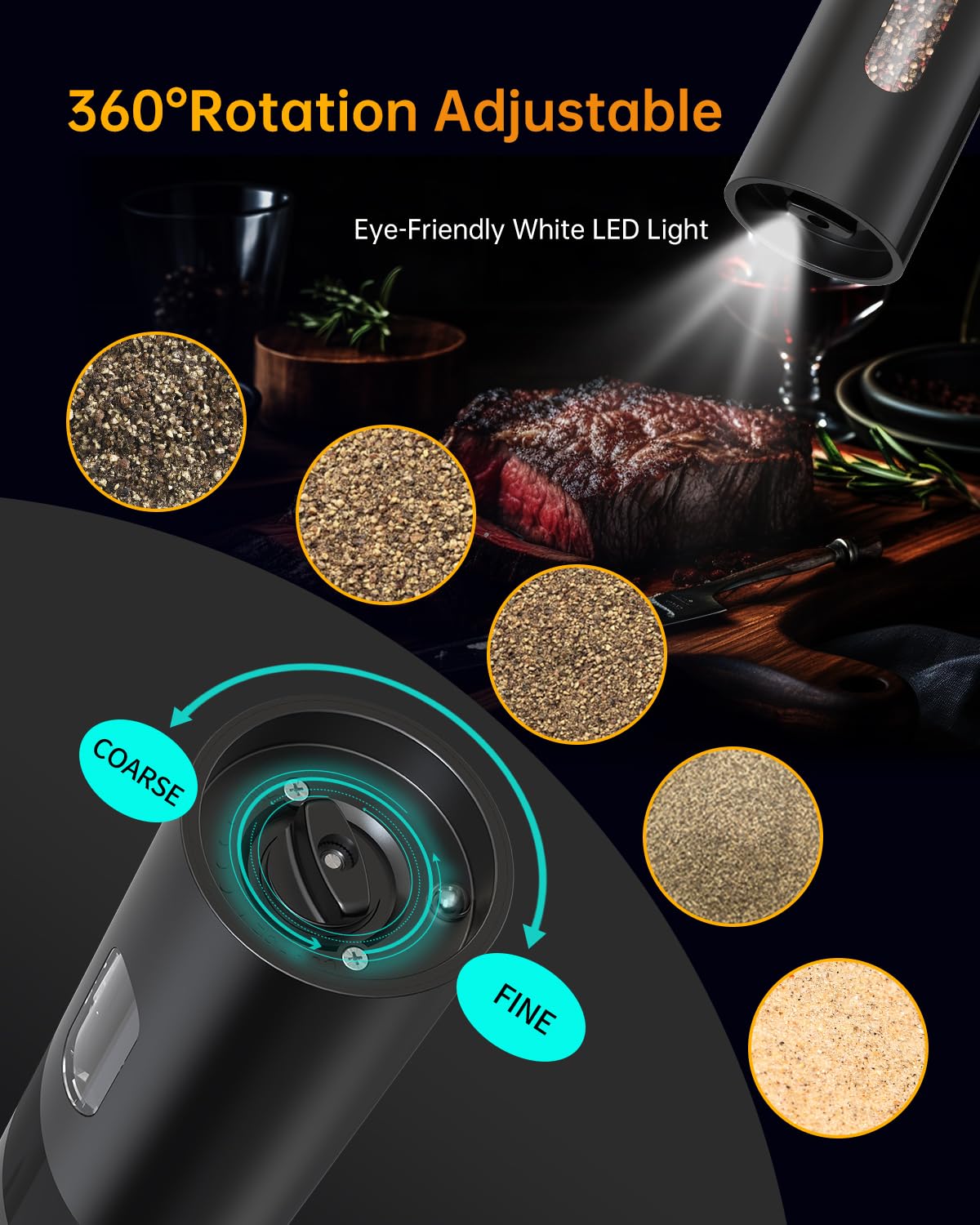 CIRCLE JOY Rechargeable Electric Salt and Pepper Grinder Set Automatic Pepper Mill Grinders with Charging Base, Adjustable Coarseness, 110ml Capacity and White LED Light, Black