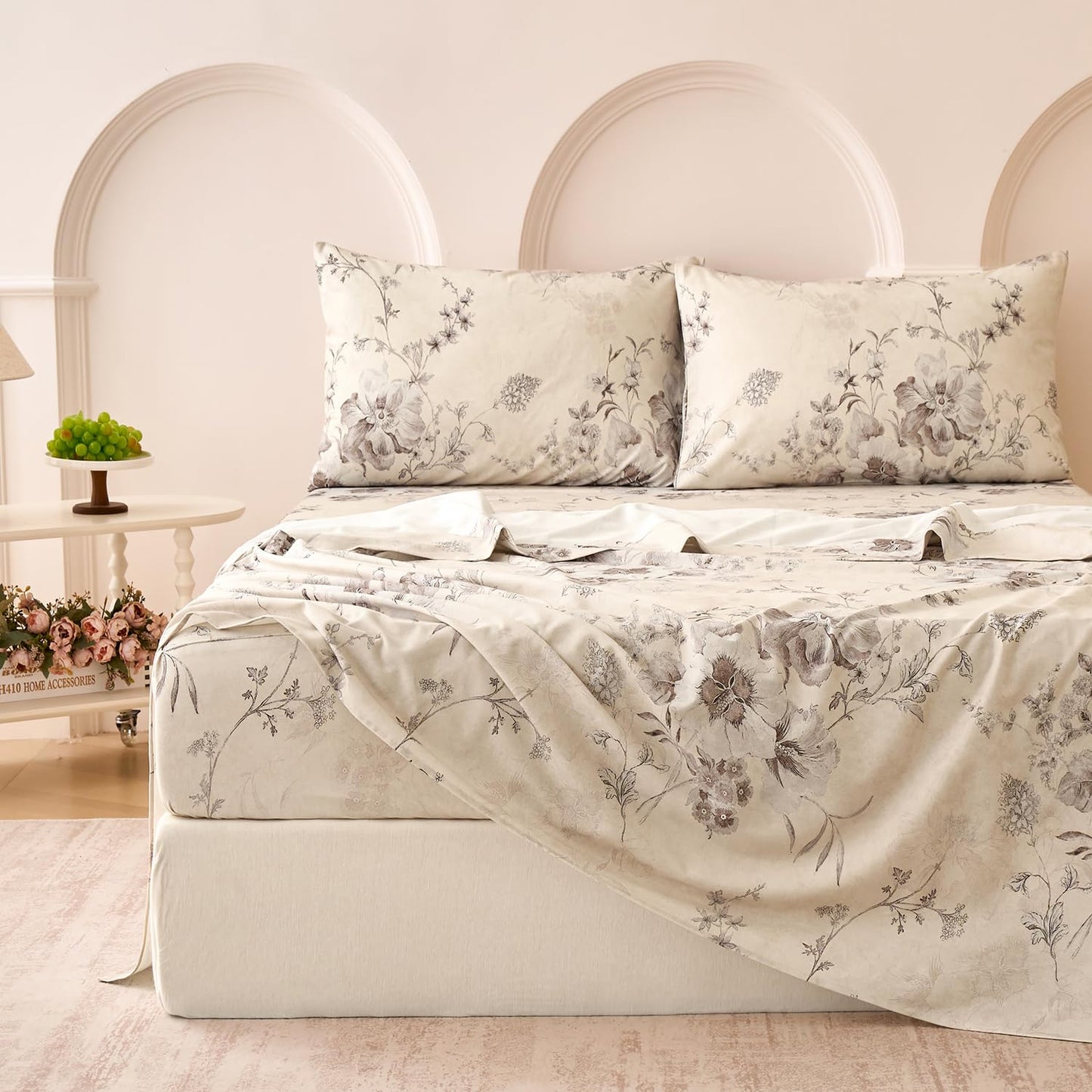 Huborise Beige King Size Sheet Set 100% Cotton Flannel-Like Warm Luxury Peony Toile Floral Bed Sheets 4Pc Deep Pocket 17.5", Double Brushed Extra Soft Breathable, Fall/Winter French Country Bedding
