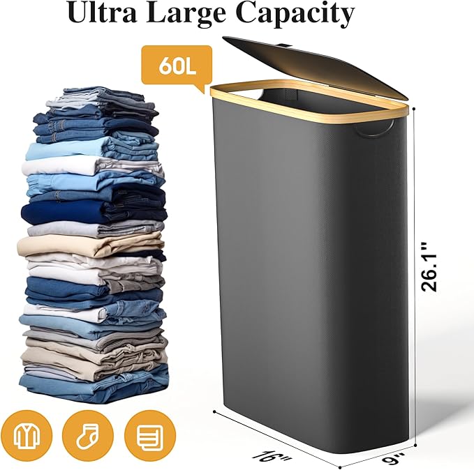 Slim Laundry Hamper, 60L Waterproof Narrow Laundry Basket