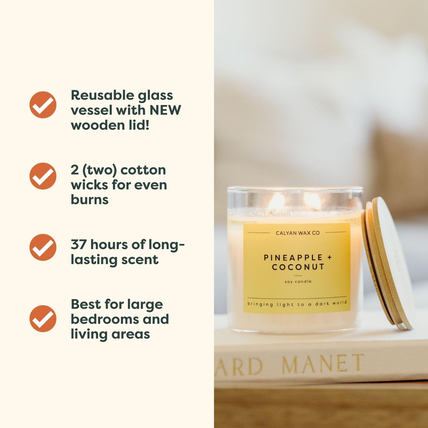 Calyan Wax Co. Pineapple & Coconut 2 Wick Scented Candle - 37 Hour Burn - Luxury Clean Soy Wax Candles - Long Lasting Large Glass Jar Candle for Home - 8.8oz