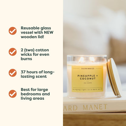 Calyan Wax Co. Pineapple & Coconut 2 Wick Scented Candle - 37 Hour Burn - Luxury Clean Soy Wax Candles - Long Lasting Large Glass Jar Candle for Home - 8.8oz