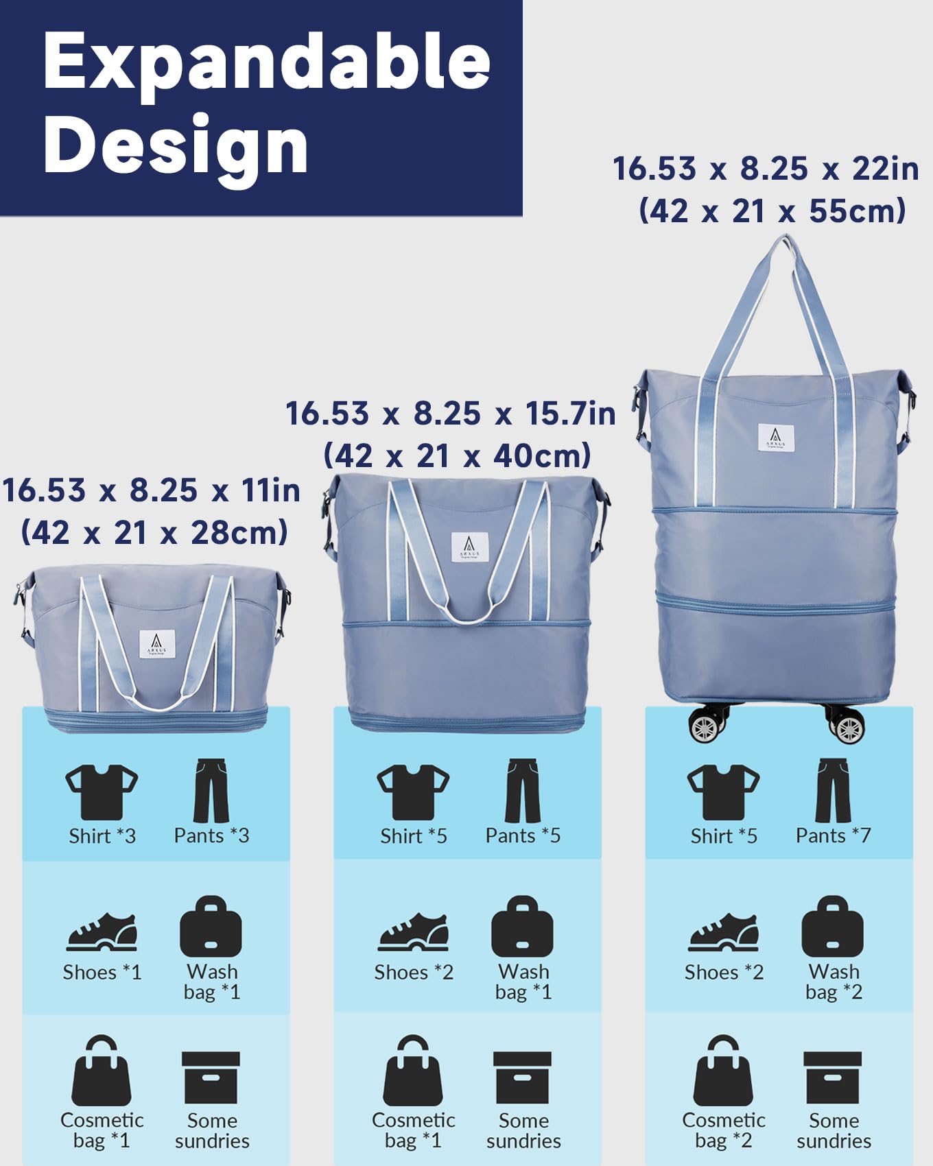 Arxus Rolling Duffle Bag with Detachable Wheels and Adjustable Shoulder Strap, Large Expandable Foldable Carry On Luggage Bag with Handle and Suitcase Sleeve, Weekender Bag for Travel Airplane 25L-55L