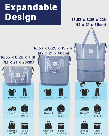 Arxus Rolling Duffle Bag with Detachable Wheels and Adjustable Shoulder Strap, Large Expandable Foldable Carry On Luggage Bag with Handle and Suitcase Sleeve, Weekender Bag for Travel Airplane 25L-55L