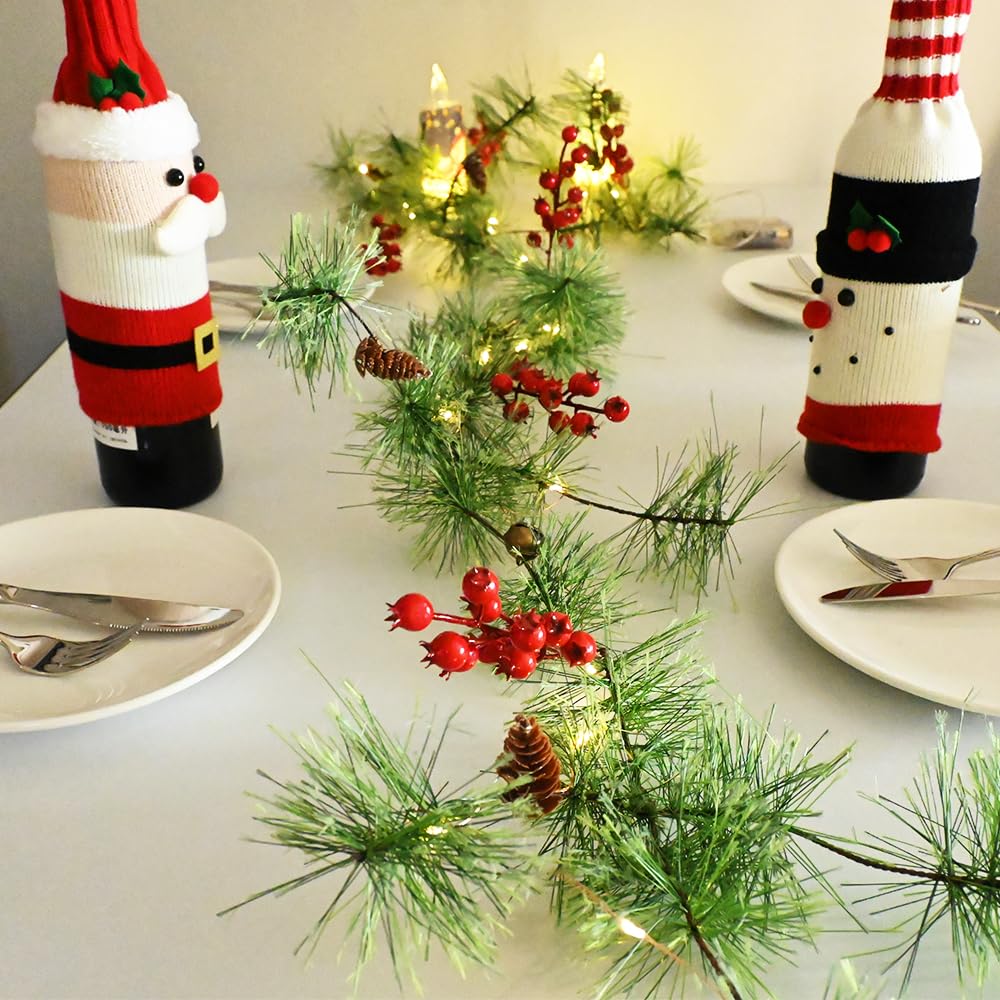 ChiRee Christmas Garlands 6.56FT 30 LED Smokey Pine Garlands with Lights Battery Operated Pine Cone Garland with Red Berry Bells Green Garland Christmas Decorations for Xmas Holiday Indoor Outdoor