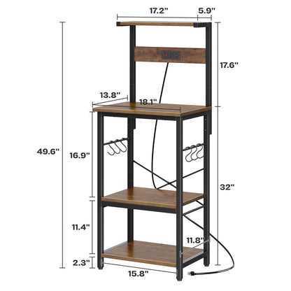 SUPERJARE Kitchen Bakers Rack with Power Outlet, Coffee Bar Table 4 Tiers, Kitchen Microwave Stand with 6 S-shaped Hooks, Storage Shelf Rack for Spices, Pots and Pans - Rustic Brown