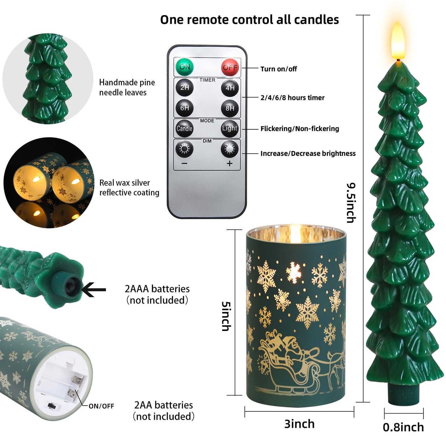 Lezonic Christmas Flameless Candles with Remote, Green Christmas Tree Flickering Battery Operated Window Candlesticks, Glass Flameless Xmas New Year Decorations Gifts, Set of 4 Real Wax LED Candles