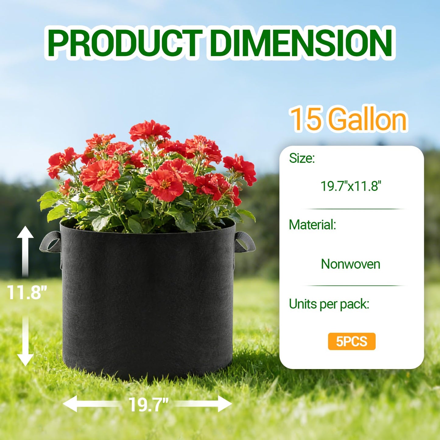 EOKOICA 5-Pack 15 Gallon Grow Bags, Thickened Aeration Fabric Pots with Handles, Heavy Duty Plant Bags for Vegetables, Tomatoes, Potatoes, Fruits & Flowers, Reusable Garden Pots for Plants