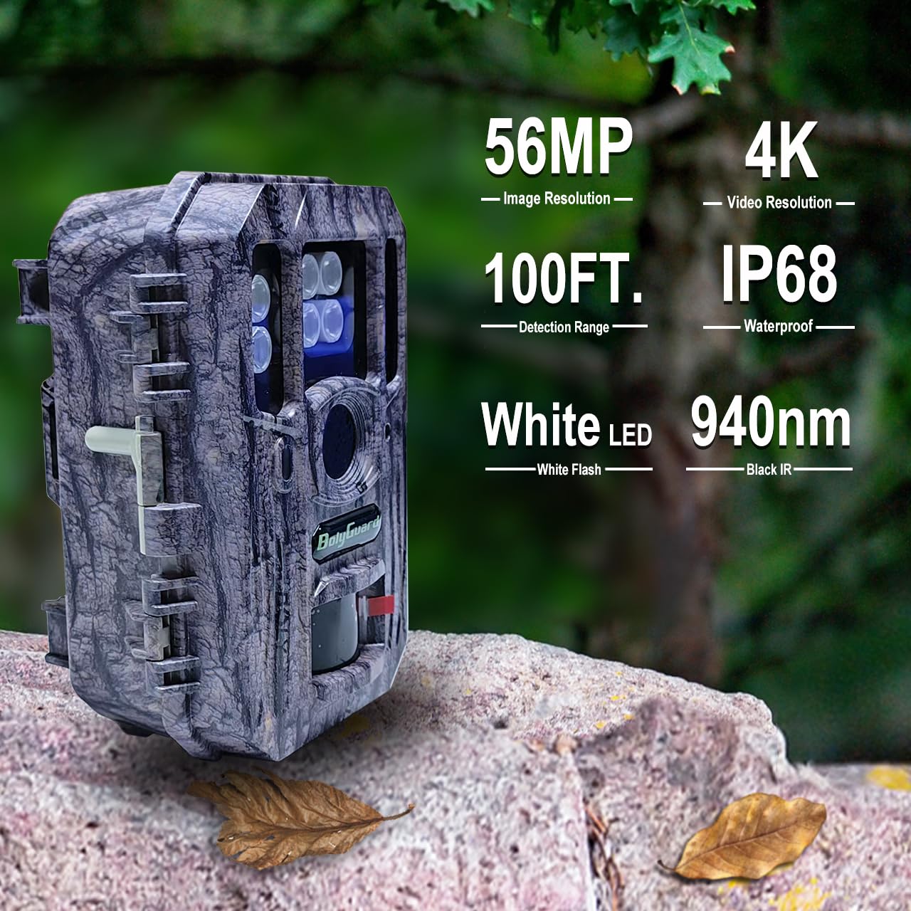 BolyGuard BG662-HQ Trail Game Camera 4K/56MP Night Vision Camera Dual-LEDs 940nm Invisible IRs+White LEDs Waterproof IP68 Outdoor Wildlife Camera