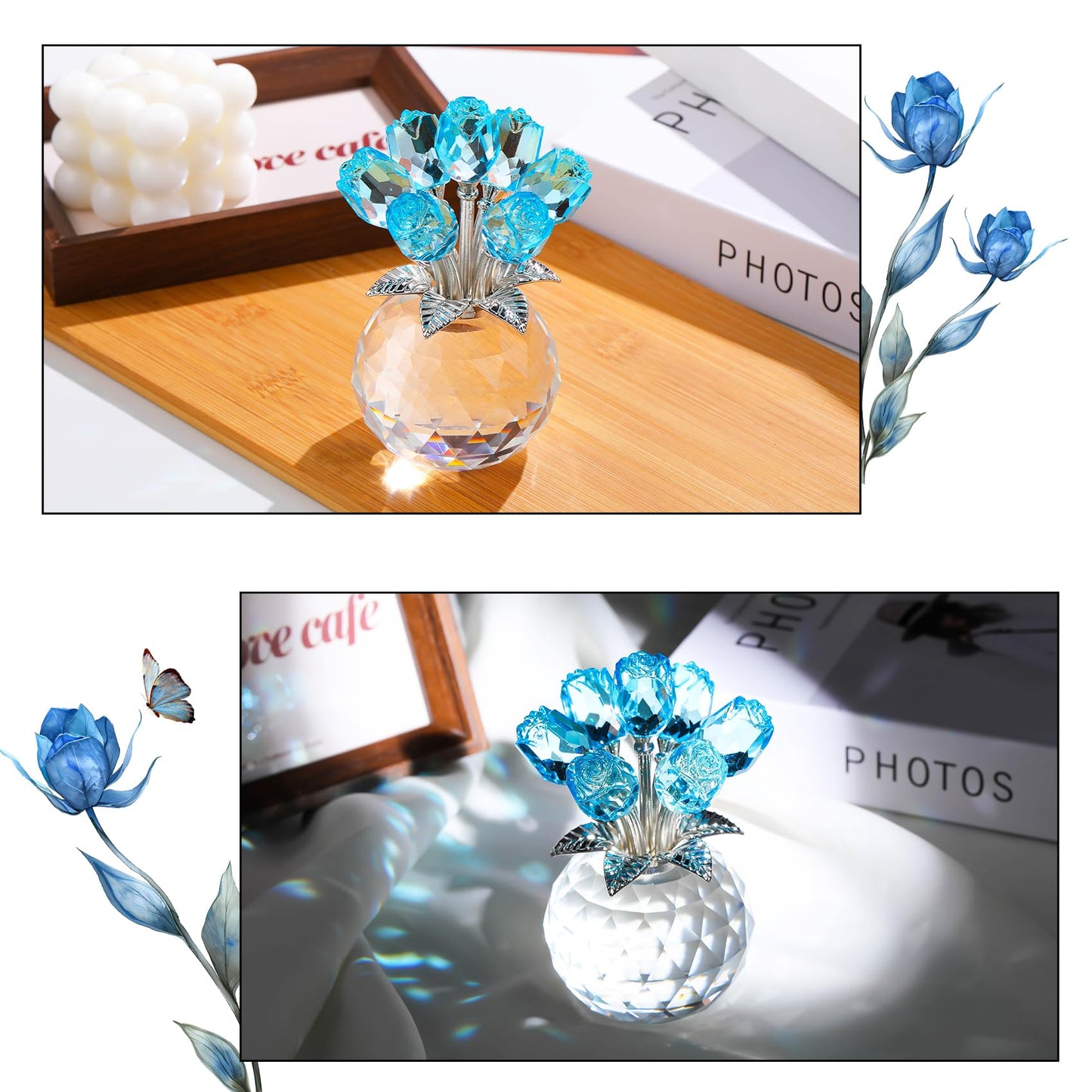 Arikyrist Crystal Lake Blue Rose Bouquet Figurine with Round Vase Gifts for Her, Glass Rose Flower Romantic Keepsakes for Women Mom on Christmas, Collectible Decoration Table Centerpiece for Home