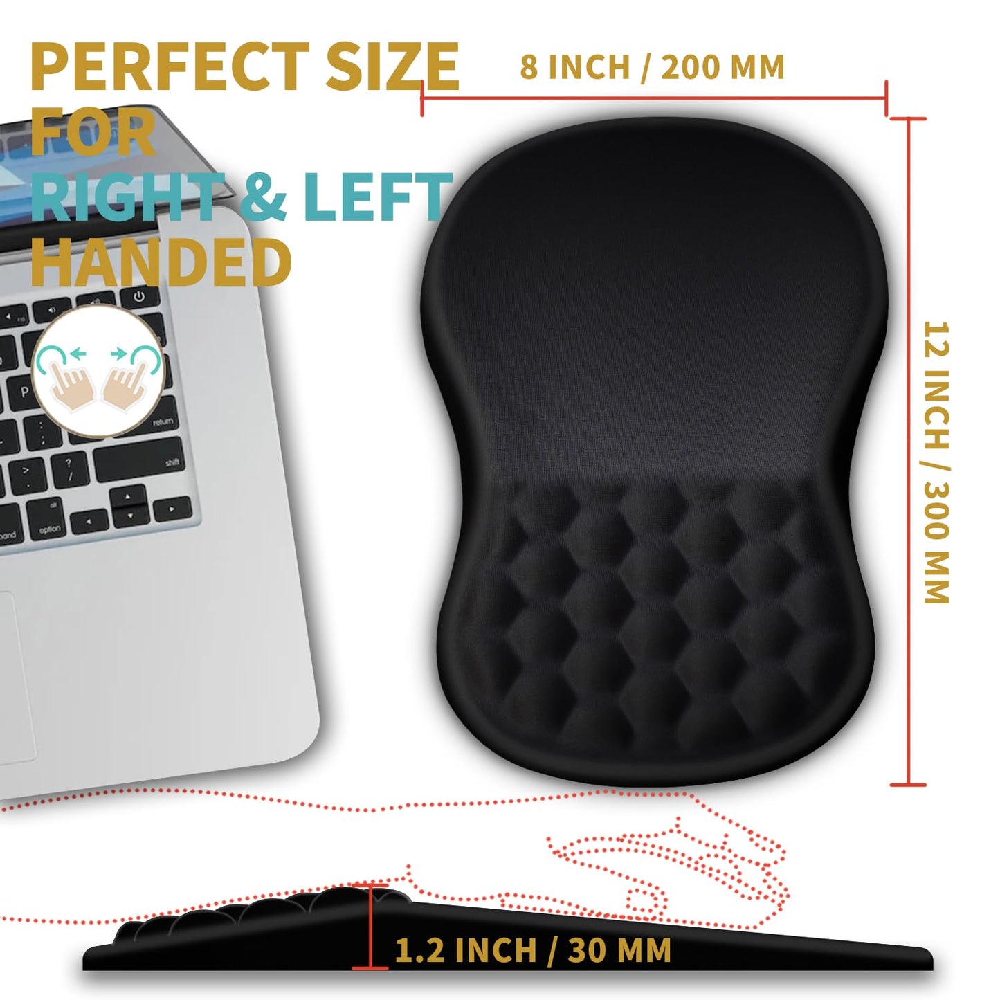 Hokafenle Ergonomic Mouse Pad Wrist Support with Massage Design, Wrist Rest Pain Relief Mousepad with Memory Foam&Non-Slip PU Base, Mouse Pads for Wireless Mouse & Desk (12x8 inch,Black)