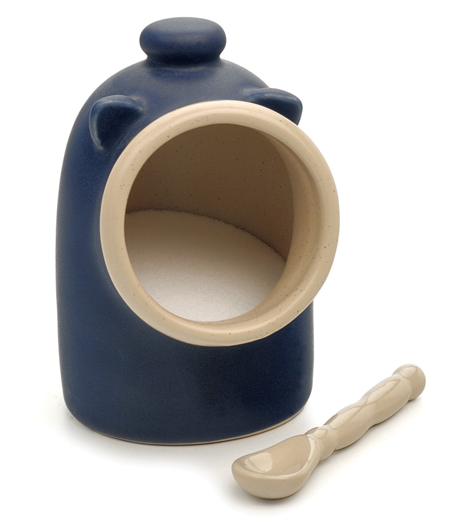 RSVP International Stoneware Salt Pig and Spoon Set, Wide Mouth, Dishwasher Safe, 3x3.25x5", Blue