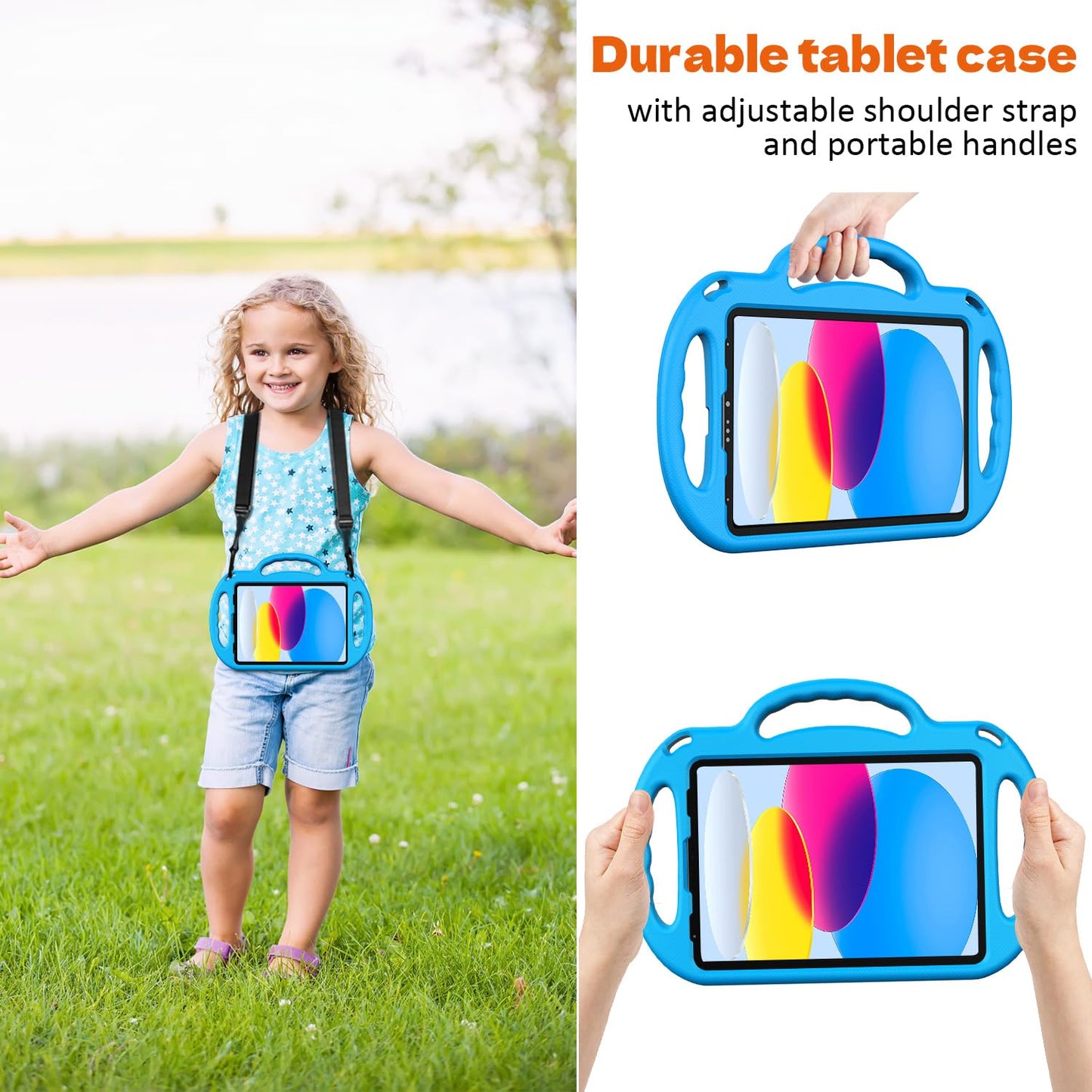 Surom Kids Case for New iPad A16 11th Generation 11-inch 2025/10th Generation 2022 & Air 11" (M3/M2) 2025/2024 & Air 5th/4th Gen & Pro 11, Shockproof Case with Shoulder Strap Handles Stand, Blue