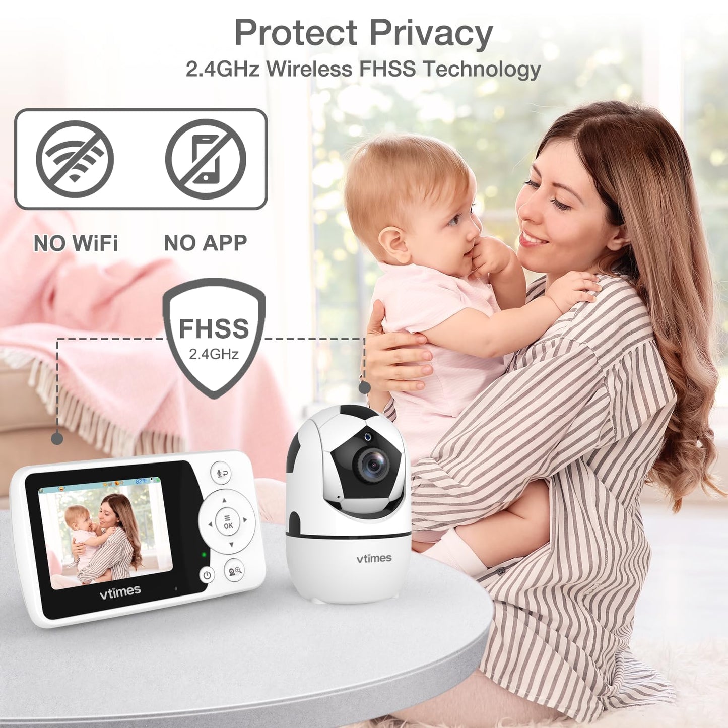 VTimes Baby Monitor with Camera and Audio, 2.4'' LCD Screen, Video Baby Monitor No WiFi Night Vision VOX Mode Pan-Tilt-Zoom Temperature Display Two-Way Audio Lullabies Feeding Alarm and 1000ft Range