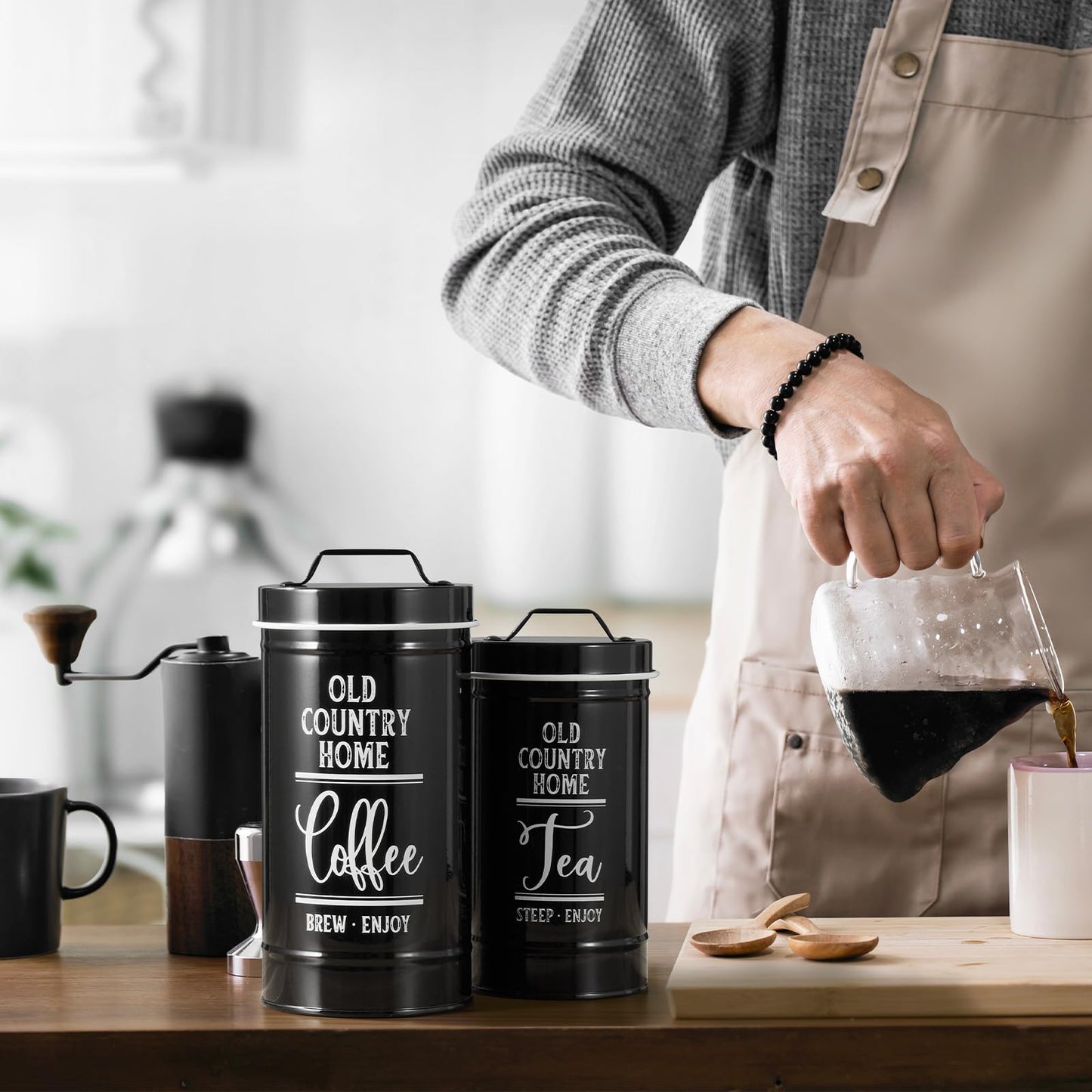 Bivvclaz Canisters Sets for the Kitchen, Airtight Kitchen Canisters for Countertop, Flour and Sugar Containers, Tea Coffee Sugar Canister Set, Coffee Bar Decor and Accessories, Set of 4, Black