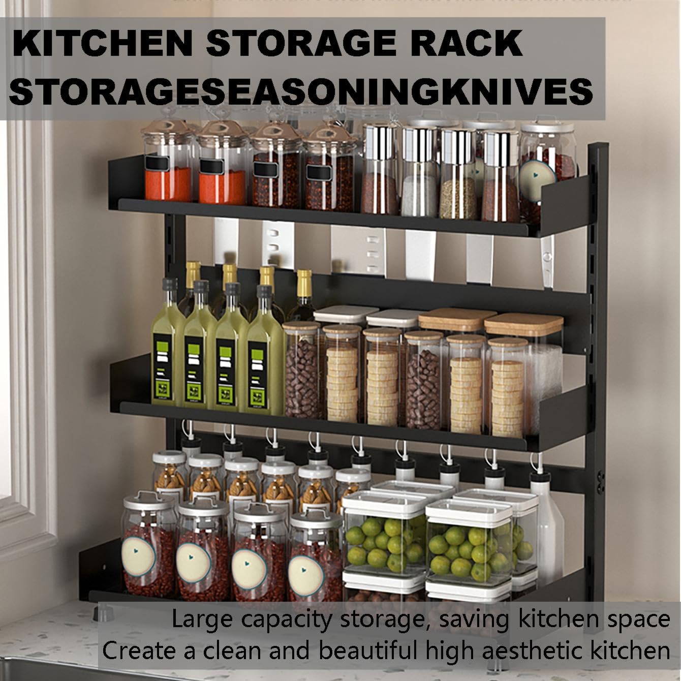 3-Tier Spice Rack Organizer with Knife Holder, Black Metal Counter Storage Shelf, 15.75x15.5x6.69 Inch, Adjustable Height, Detachable Design