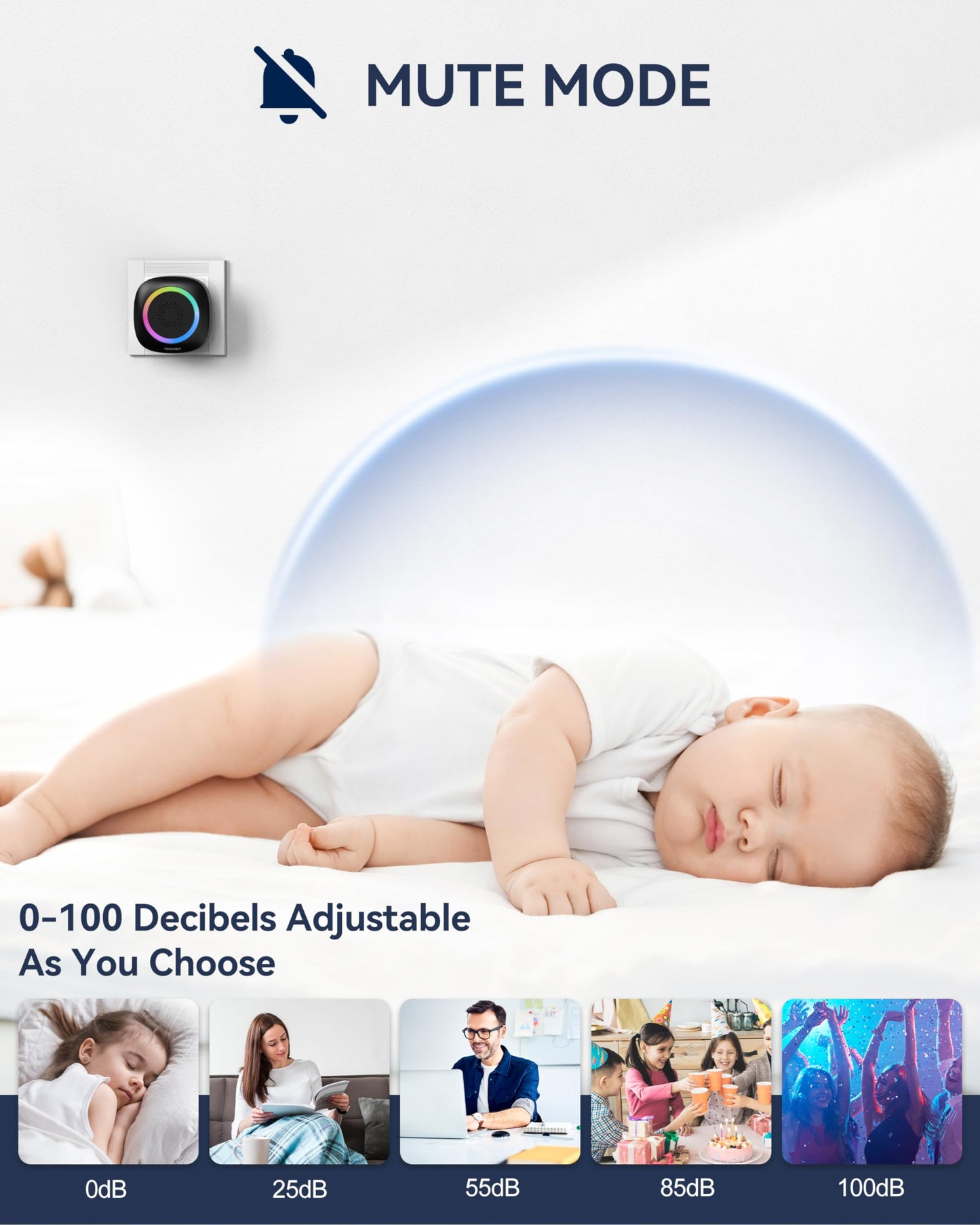 TECKNET Plug-in Wireless Doorbell with RGB Lighting & 1300 Feet Range,IP66 Waterproof Doorbell for Home/Classroom/Office/Business,60 Chimes,5-Level Volume,4.5-Year Battery Life(White)