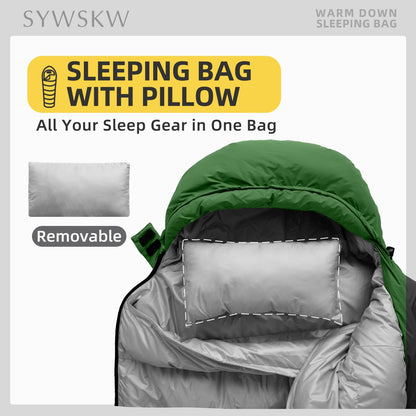 SYWSKW Ultralight Down Sleeping Bag with Pillow,15°F 32°F 46°F Sleeping Bag for Women,Men,Youth Backpacking,Hiking and Camping Outdoor with 680FP Duck Down (Green, 1200g Down Filling)