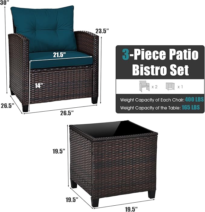 COSTWAY 3PCS Patio Furniture Set, PE Rattan Wicker Sofa w/Washable Cushion and