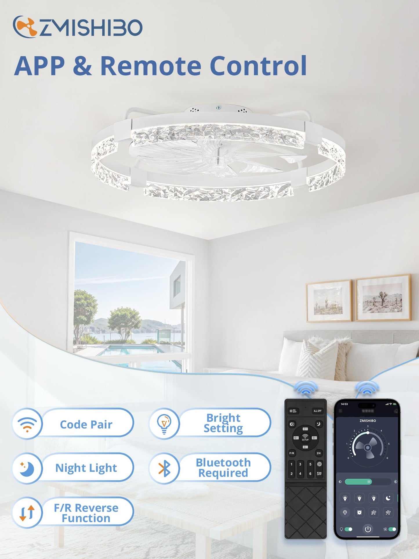 ZMISHIBO 24 Inch Flush Mount Ceiling Fan with Light, Bladeless Low Profile Enclosed Fan for Bedroom Kids Room, 6 Speeds Reversible DC Motor, 3CCT Dimmable Smart App Control