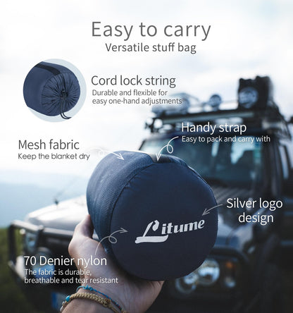 Litume Compact Fleece Travel Blanket with Stuff Sack, 70x48 Inches, Moisture Wicking and Breathable Airplane Blanket, Foldable Throw for Couch, Train, Camp, Backpacking, Traveling